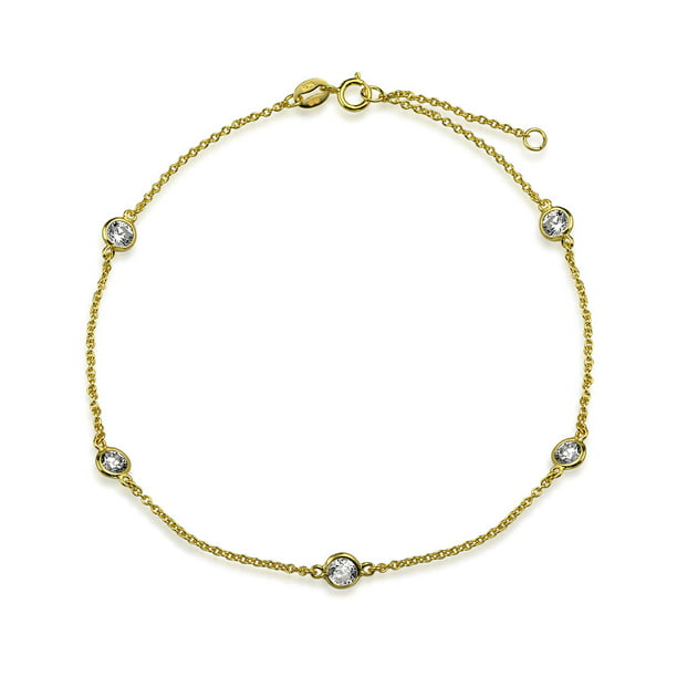 14K Yellow Gold Anklet With Heart Shaped Cubic Zirconia By The Yard 10 Inches